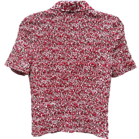 NWOT J.Crew Liberty Fabric Red White Floral Button-Up Smocked Short-Sleeve Shirt - Picture 3 of 7